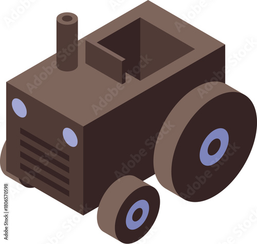 Isometric projection of a brown tractor, highlighting agricultural machinery used for cultivating land and farming activities