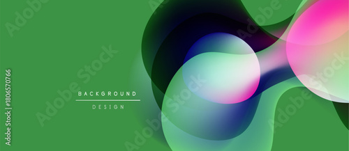 Abstract vibrant design features overlapping colorful circles. Green backdrop complements flowing shapes, creating modern visual impact.