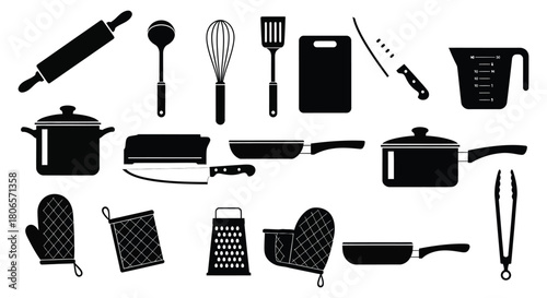 Kitchen utensils and cooking tools vector illustration set