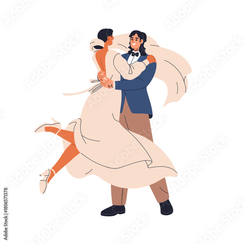 Bride and groom on wedding day. Happy newlywed couple in love. Husband lifting wife, hugging. Romantic celebration with flowing dress, veil. Flat vector illustration isolated on white background