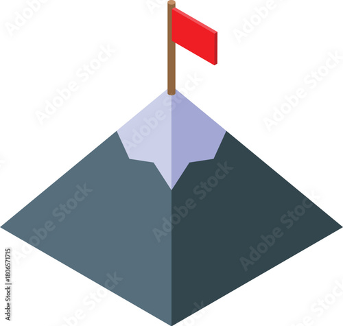 Isometric projection of a snowy mountain peak with a red flag waving, symbolizing achievement, success, and reaching the summit