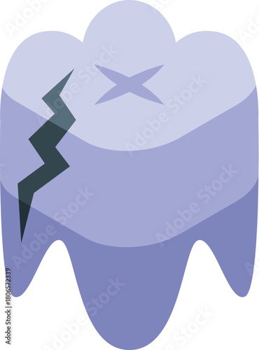 Tooth suffering from decay, exhibiting a prominent crack and cross shaped fracture lines, indicating dental problems and the need for treatment