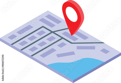 Isometric city map with red pin indicating specific location, useful for navigation, travel, and tourism concepts