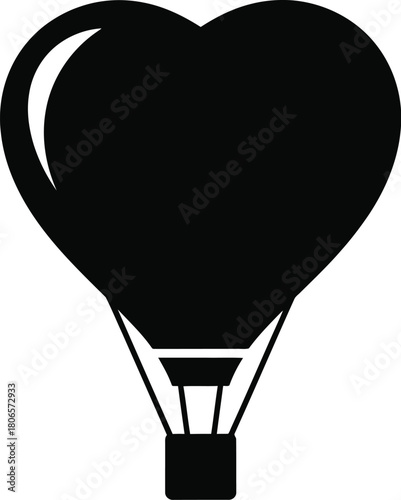 A simple black heart shaped hot air balloon illustration on a white background