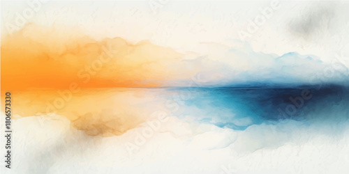 Abstract watercolor sea and cloudscape sunset, a grunge nature sky background with ocean waves and light