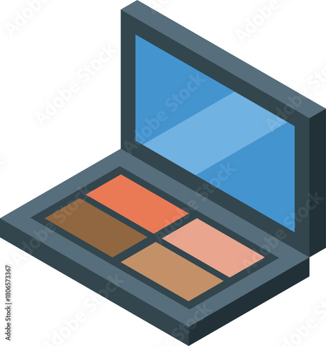 Makeup kit opened, revealing colorful powder compartments, ideal for beauty and fashion projects