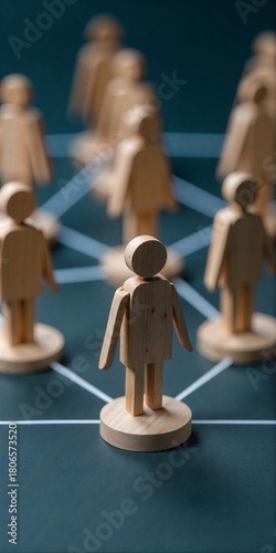 Wooden figures on network grid, one central leader among followers. Strategic positioning in digital connection landscape.