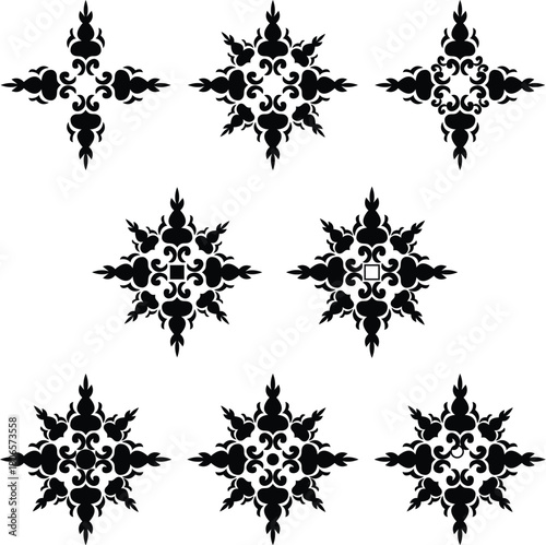 Thai flame motif, Thai decorative pattern, black flame ornament, Thai art design, traditional Thai motif, flame vector, Thai graphic element, ornamental flame, Thai culture design, abstract flame 