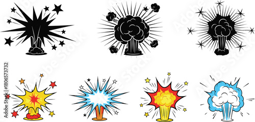 Various cartoon explosion icons showcasing differing styles and color schemes
