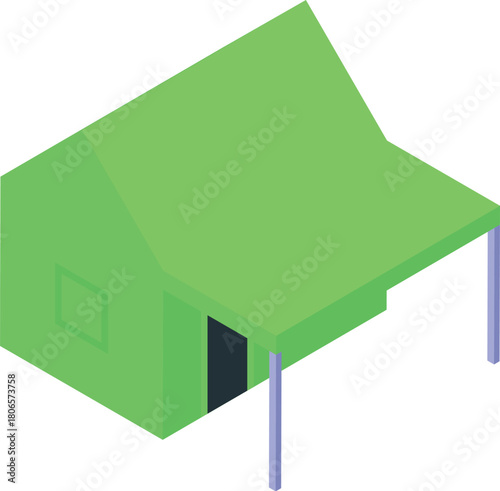 Isometric prefabricated tent house providing shelter and covered outdoor space