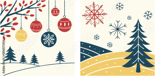 Modern minimalist Christmas landscape with pine trees, snowflakes, and hanging ornaments in red, blue, and gold — elegant festive winter holiday vector illustration design.