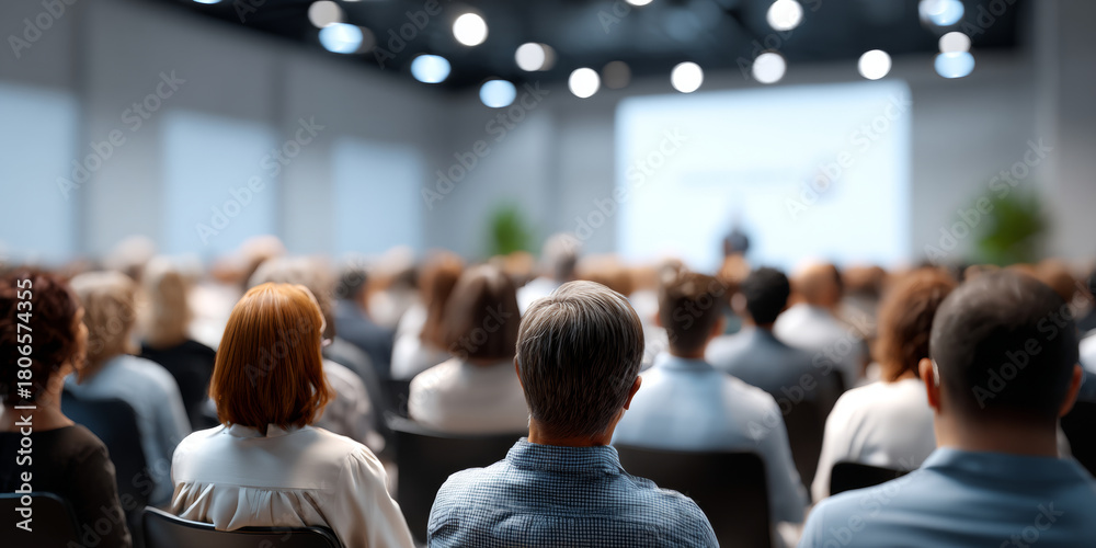 Obraz premium Audience attending a professional conference or seminar in a modern conference room with a speaker presenting on stage