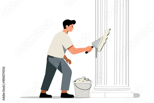Man applying plaster to column