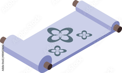 Light purple wallpaper with floral pattern rolled up, displaying a japanese inspired design