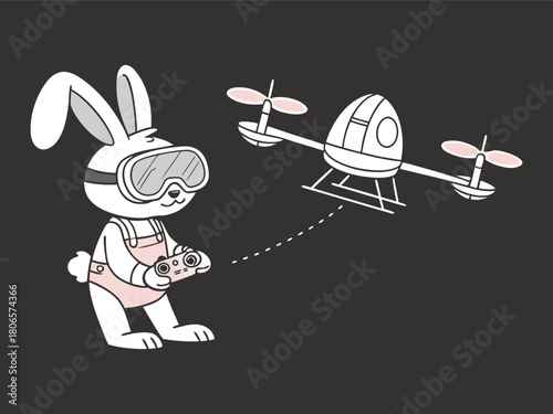 Bunny in VR goggles controls a drone with a remote rabbit virtual reality