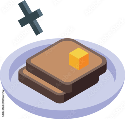 Two slices of toasted bread with butter on a plate with a delete symbol, representing gluten intolerance or celiac disease
