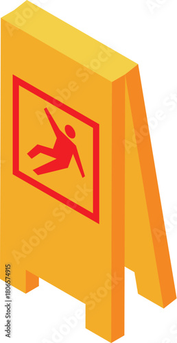 Isometric caution wet floor sign indicating a slippery surface and warning of potential fall hazard
