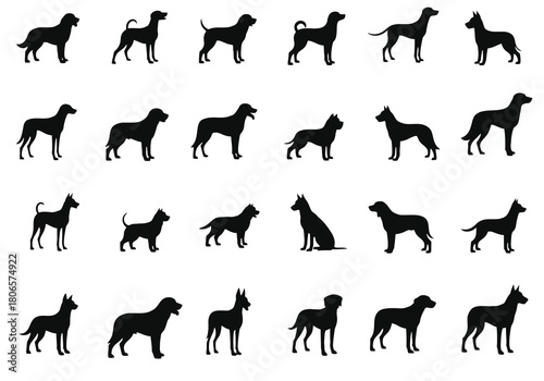 A collection of black silhouettes depicting various dog breeds and poses