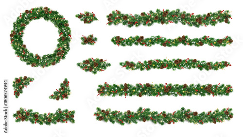 Christmas tree wreath, garlands and borders. Fir branches with glowing lights, pine cones and holly berries. Realistic vector set with corners and decorations. Transparent background in vector file.