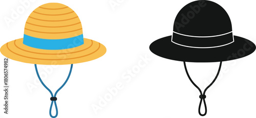 Two hats displayed a straw sunhat and a classic black top hat