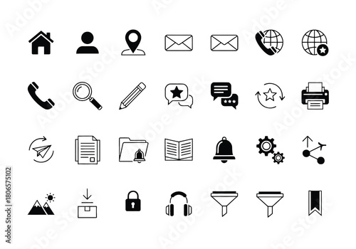 Collection of minimalist black and white interface icons for various digital functions