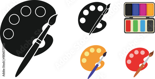 Art supplies icons paint palettes brushes and colorful paint sets
