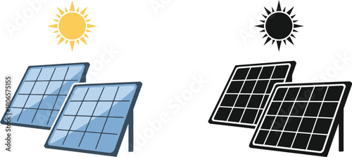 Solar panels facing the sun color and monochrome versions illustrated