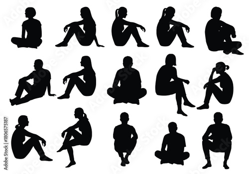 Collection of silhouette poses depicting people sitting and meditating in various ways
