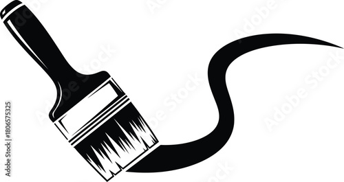 A simple black and white illustration of a paintbrush with a paint stroke