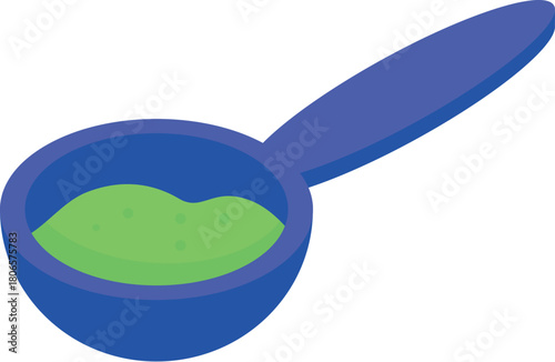 Blue measuring spoon containing green ingredient, useful for cooking, baking, or preparing food