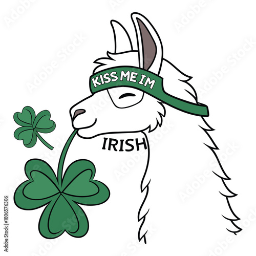 Cartoon Llama Wearing St Patricks Day Headband Holding Shamrock In Mouth animal illustration