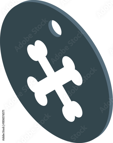 Round gray pet tag showing bones symbol hanging with hole at the top for attaching to collar