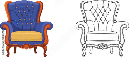 A regal armchair illustration presented in color and a corresponding line drawing