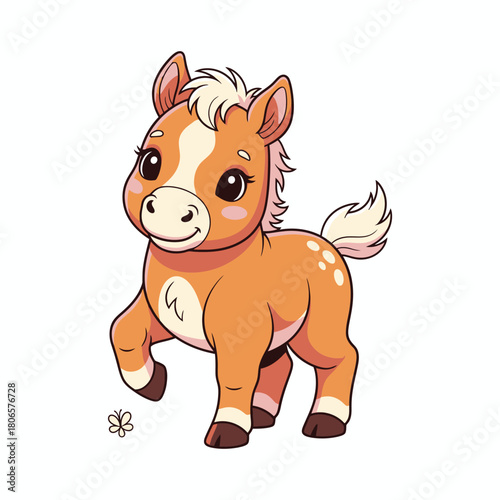 Delightful cartoon pony prancing playfully, a charming illustration perfect for children's books or whimsical designs, full of joy and innocence