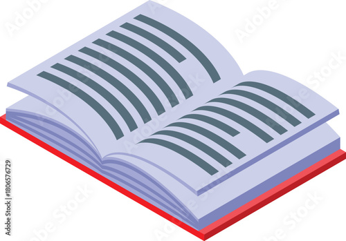 Open book with red cover showing some text, isometric icon of learning and education