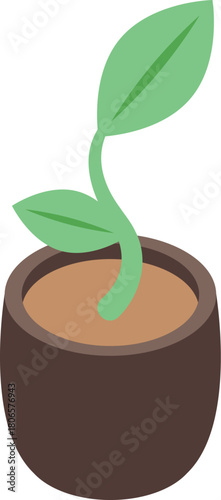 Small sprout with two leaves growing in a pot, representing new beginnings, growth, and potential