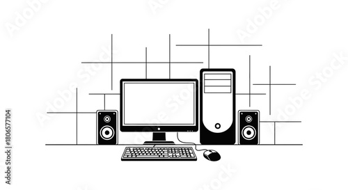 Computer setup vector illustration desktop pc workstation line