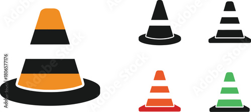 An assortment of traffic cones in various colors and styles are shown