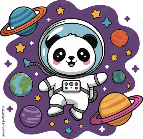 Cute panda astronaut floating in colorful space with planets and stars galaxy