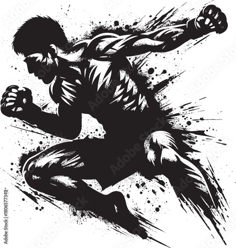  A powerful, high-contrast silhouette of a boxer mid-punch, rendered with bold ink splatters and sharp lines. This dynamic composition conveys energy, strength, and athletic.
