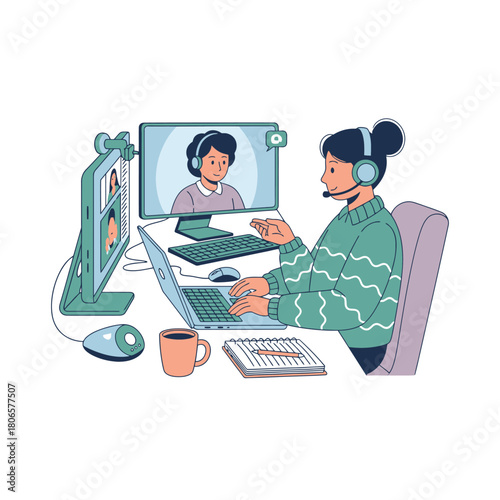 Cheerful woman connecting remotely during video conference call, working from home with headset and laptop, vector design for digital communication