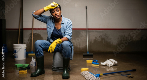 Woman cleaning after flood damage, resilient and exhausted in basement setting