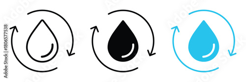 Eco-friendly recycle water icon vector showing circular arrows and water droplet symbol for sustainability, conservation, reuse cycle, environment and green resource management design.