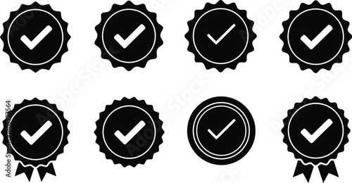 A collection of eight black and white checkmark badges and ribbon icons