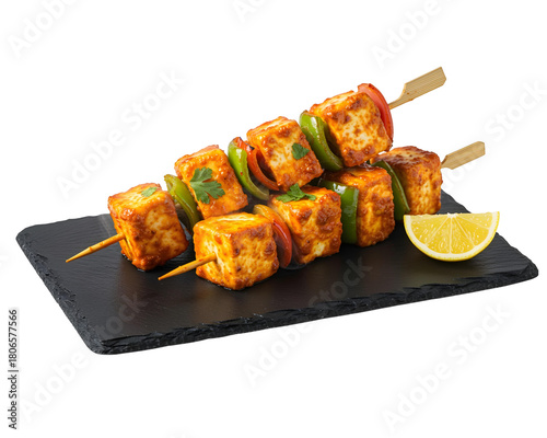 Grilled Paneer Tikka Skewers with Lemon and Spices on Slate cheese vegetables isolated on a transparent background