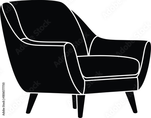 A simple black and white silhouette of a modern armchair design