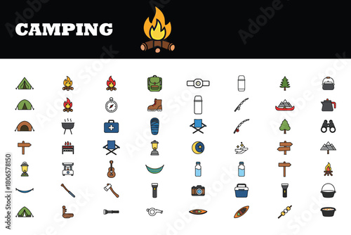 Get ready for outdoor adventure with this camping essentials icon set, perfect for planning your next trip into nature and creating a vibrant travel guide