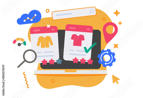 Online store shop website building icon vector, ecommerce virtual internet retail web site ui ux usability and navigation management constructor modern design on laptop computer screen flat cartoon  
