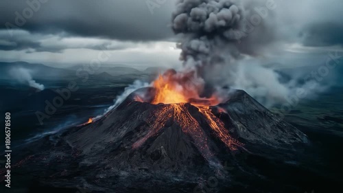 Aerial view of a volcanic eruption, with lava flows and a thick plume of smoke