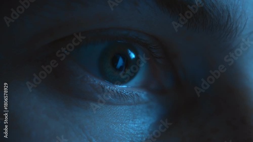 Close-up of an eye staring at a computer or smartphone screen after abruptly waking up in the dark of night. Insomnia, sleep disorder, eyestrain, and the harm of late-night digital consumption.